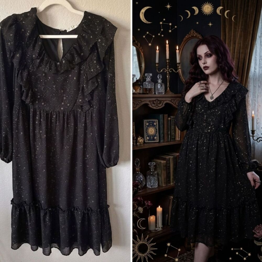 By the River Celestial Black Gold Star Ruffle Midi Dress Large Whimsigoth Witchy